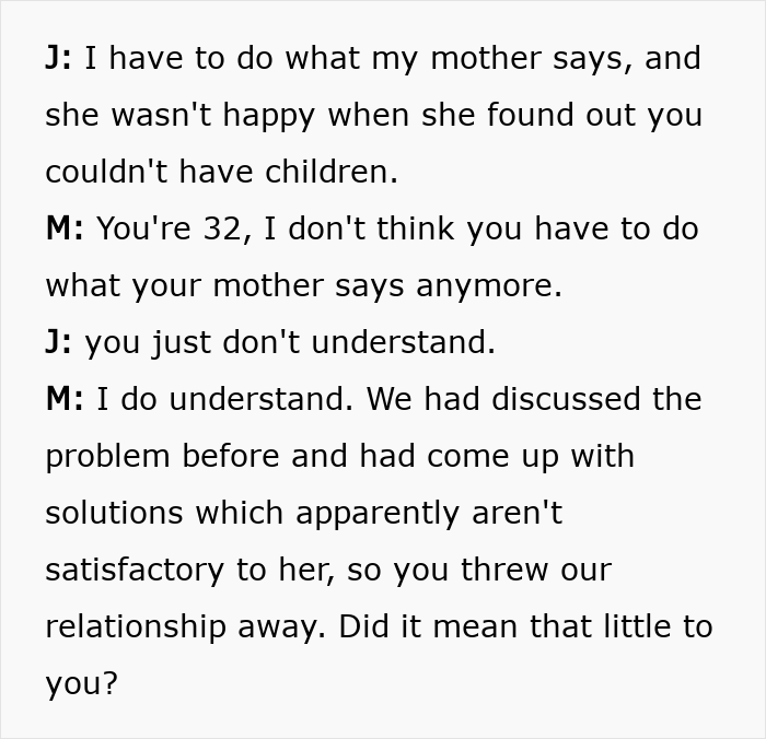 M and J discussing his mother's disapproval of her inability to have children, leading to a broken engagement.