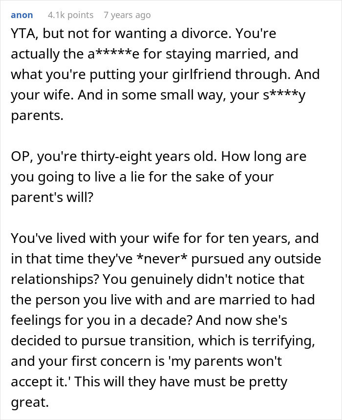 A comment criticizing the original poster for their shock and for staying married while being lesbian. A comment criticizing the original poster for their shock and for staying married while being lesbian.