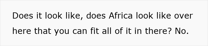 Text overlay questioning if Africa's visual representation accurately reflects its actual scale to fit other continents.