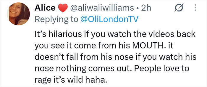 A social media comment from Alice replying to @OliLondonTV, discussing Robbie Williams' World Cup moment. A social media comment from Alice replying to @OliLondonTV, discussing Robbie Williams' World Cup moment.