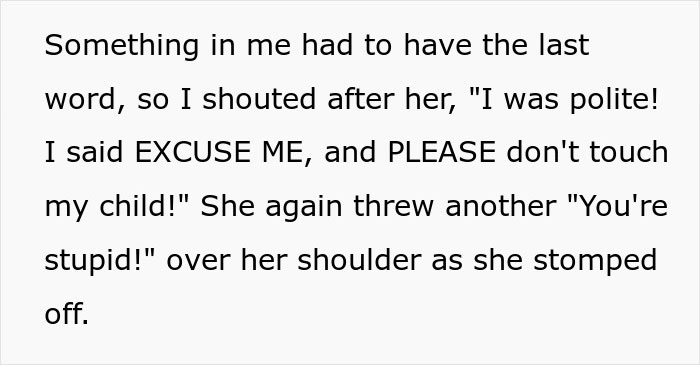 Text snippet showing a boomer stomping away after xenophobic remarks are weaponized against her. Text snippet showing a boomer stomping away after xenophobic remarks are weaponized against her.
