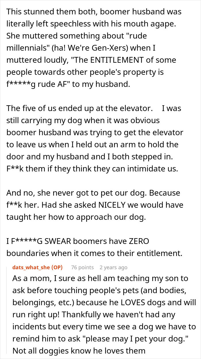 A boomer couple is stunned as their xenophobic remarks are weaponized against them for ignoring personal boundaries with a dog. A boomer couple is stunned as their xenophobic remarks are weaponized against them for ignoring personal boundaries with a dog.