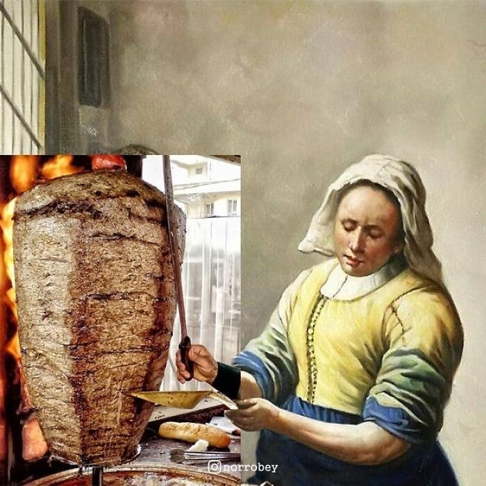 Digital artist blends famous movies with classical art, a woman serving meat from a large skewer, movie mashups.