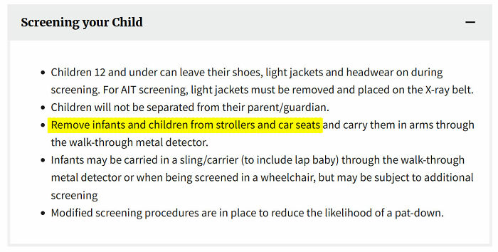 Hilariously dumb warning label: Text advises to remove infants and children from strollers and car seats for screening.