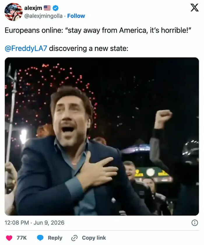 A World Cup tweet from alexjm showing a man cheering excitedly, captioned Europeans online: stay away from America, it's horrible!