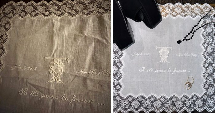 Details and photos leaked from Taylor Swift and Travis Kelce's wedding, showing a custom embroidered handkerchief.
