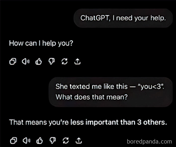 A funny meme showing a ChatGPT conversation about relationship advice, highlighting AI humor.