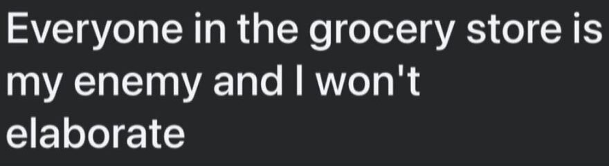 Hilariously unhinged screenshot of a text post: Everyone in the grocery store is my enemy and I won't elaborate.