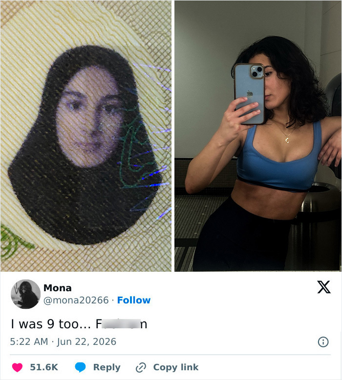 Side-by-side: a passport photo of a woman in a hijab and a woman in a sports bra, showing women letting go of the hijab.
