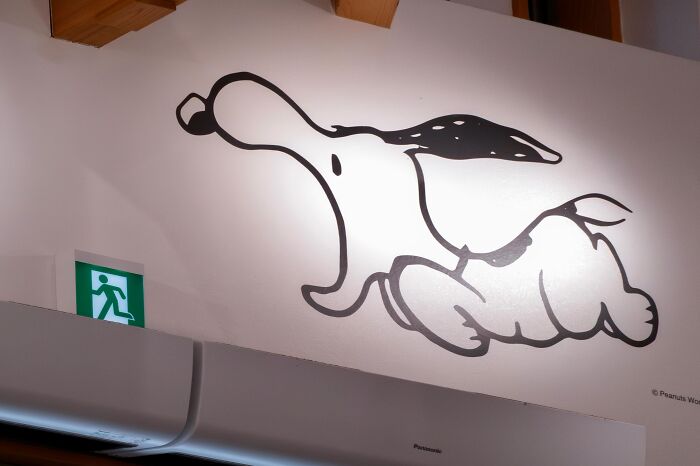 A large illuminated Snoopy cartoon on a wall appears to run alongside a green exit sign, a funny street coincidence.
