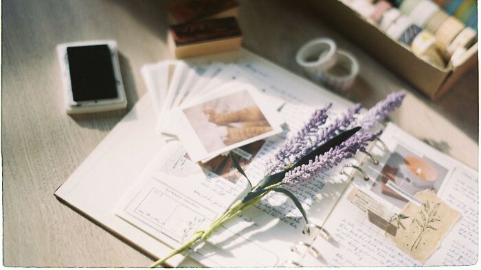 Craft supplies with a lavender sprig, judging dating scenarios by their red, green, and beige flags.