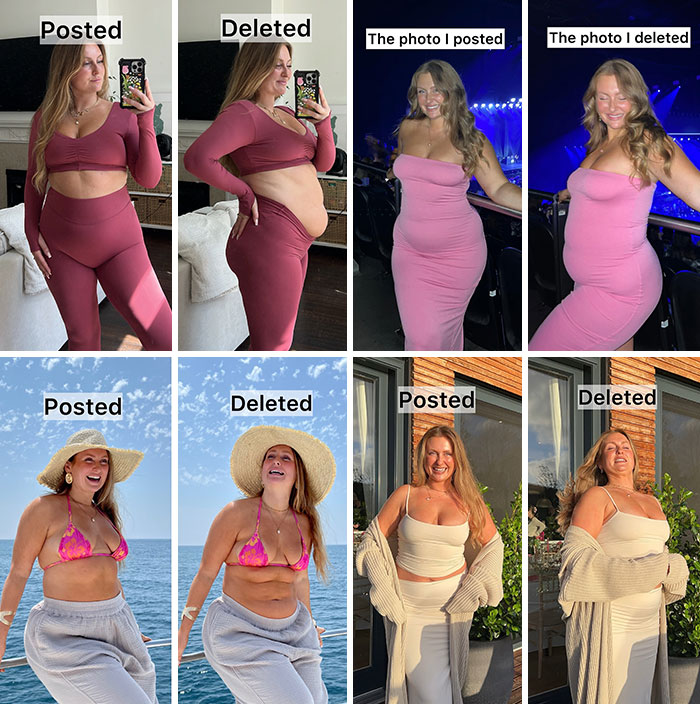 Influencers expose Instagram vs reality in posts promoting body positivity by showing edited and unedited photos.