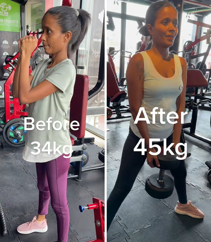 A woman's weight gain transformation, with before and after pictures showing her progress at the gym.