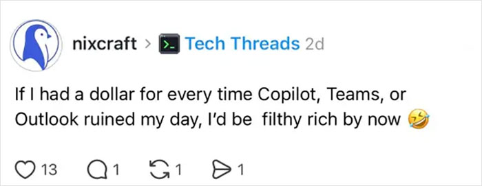 A tweet expressing the painful reality of 9-to-5 life, frustrated with Copilot, Teams, or Outlook.