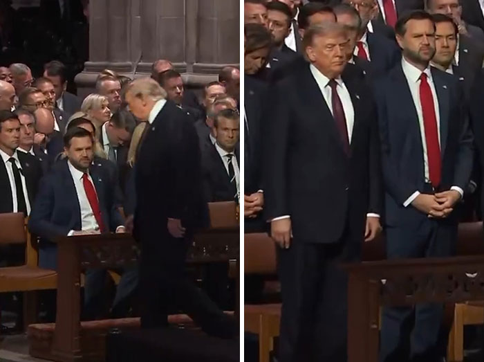 Donald Trump walking during Lindsey Graham's funeral.
