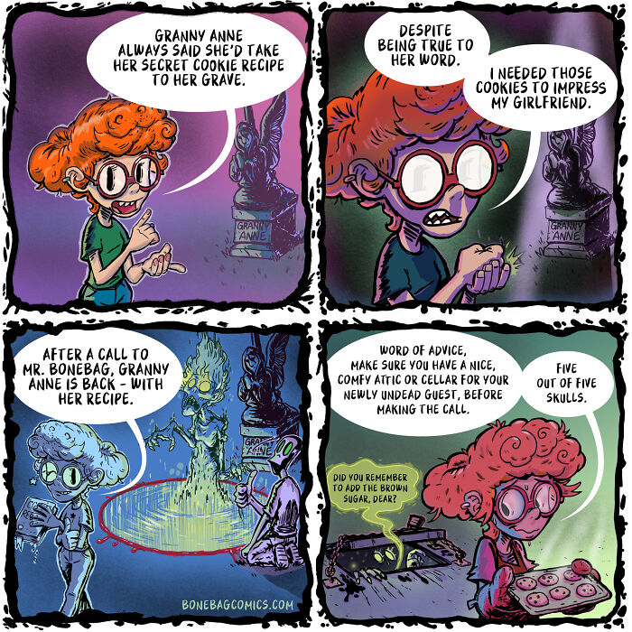 The necromancer and his assistant trying to retrieve a secret cookie recipe from Granny Anne's grave.