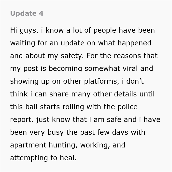 Text update about safety and police report regarding the spy camera room and step dad. Text update about safety and police report regarding the spy camera room and step dad.