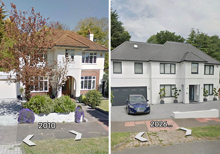 Then vs now pic of houses showing a traditional house transformed into a modern white one, making the internet seriously mad.