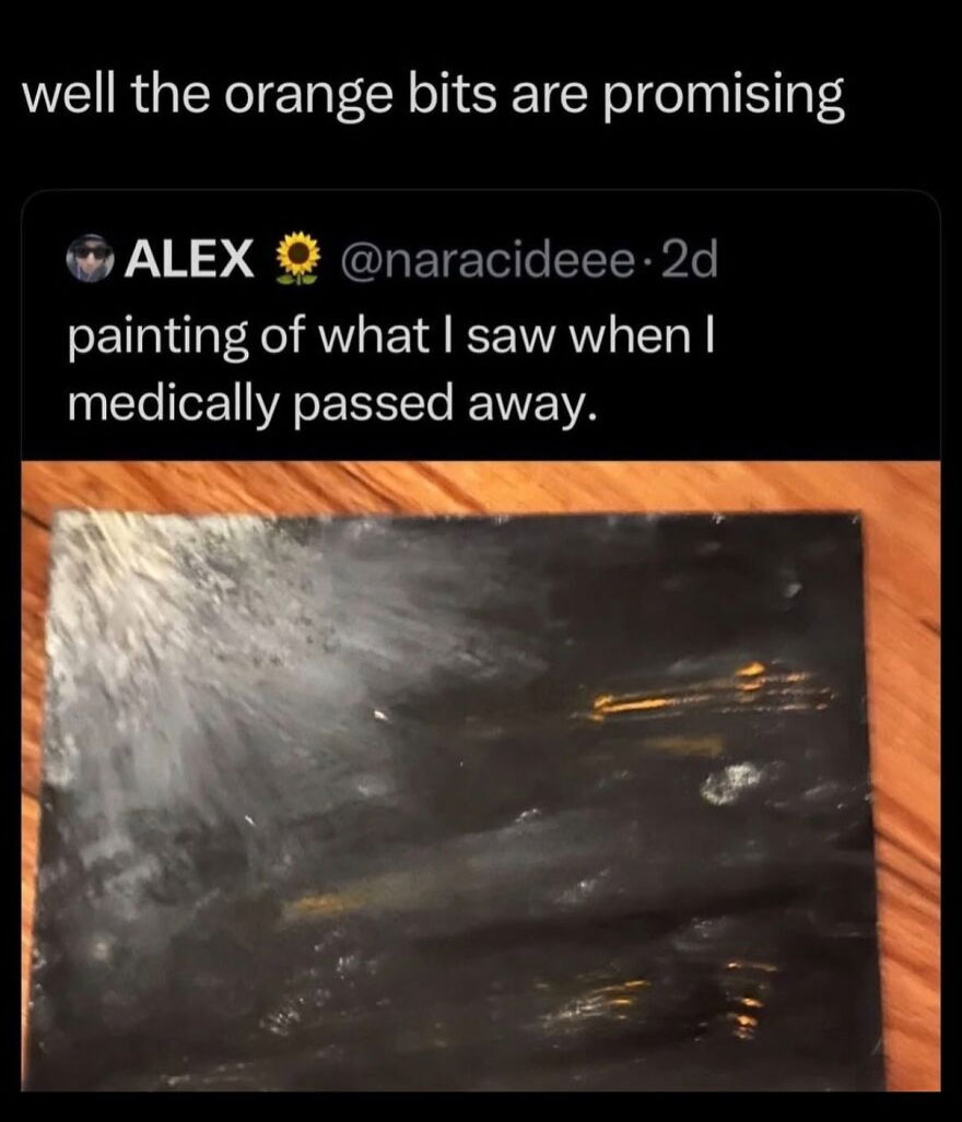 A hilariously unhinged screenshot of a painting titled 'painting of what I saw when I medically passed away'.