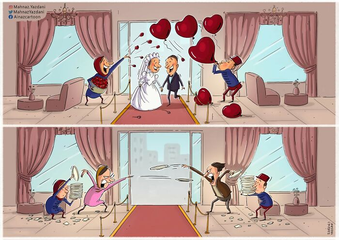 A satirical illustration showing a couple's wedding day transforming from joy to an angry plate-throwing argument, highlighting modern society.