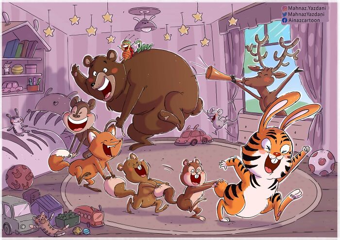 Satirical illustration of forest animals playing joyfully in a child's bedroom, reflecting on innocence and play in modern society.