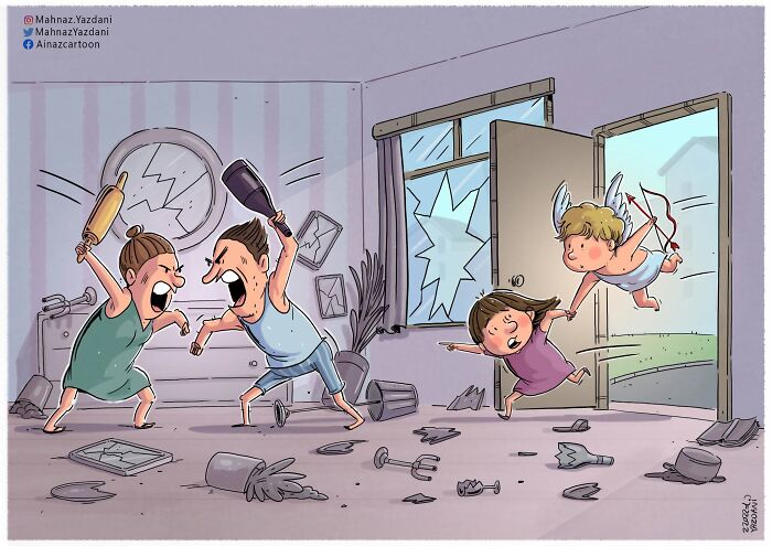 Satirical illustration showing a couple fighting violently with household objects while Cupid and a child flee, commenting on modern society relationships.
