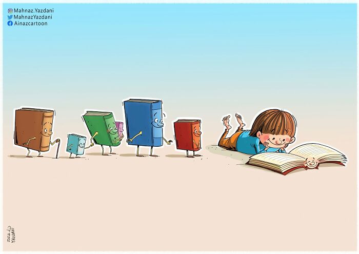 Satirical illustration of a child happily reading a book, while other books watch, highlighting reading in modern society.