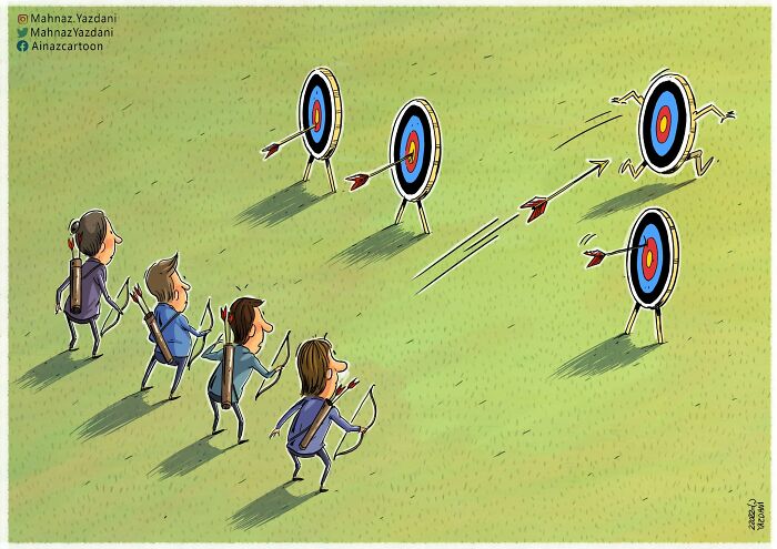 Satirical illustration showing archers aiming at moving targets, representing the challenges and shifting goals in modern society.