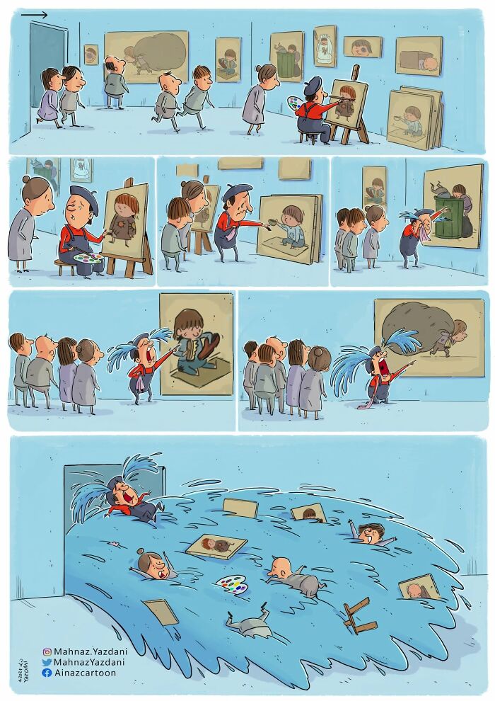 Satirical illustration depicting an artist whose paintings of crying children flood the gallery, symbolizing modern society's emotional impact.