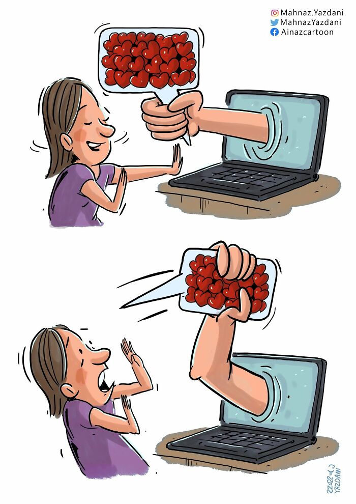 A satirical illustration depicting a hand emerging from a laptop, giving and then taking away digital hearts, reflecting modern society.