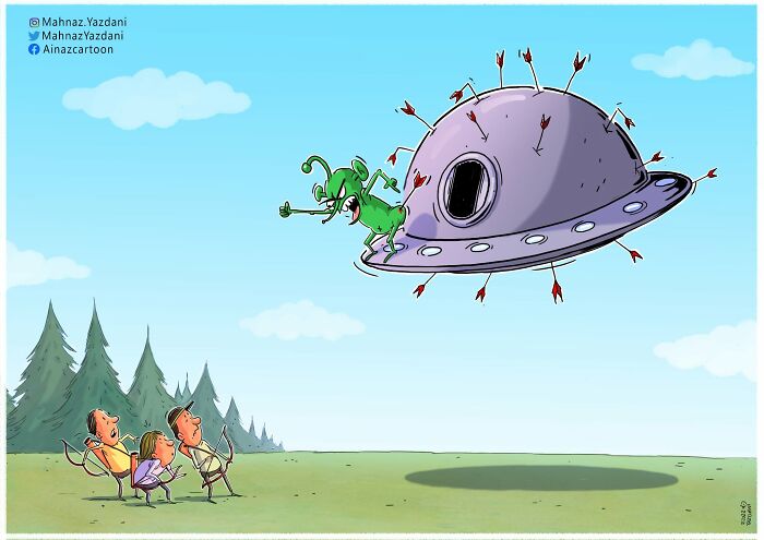 A satirical illustration showing an alien shooting arrows back at humans from its UFO, addressing modern society challenges.