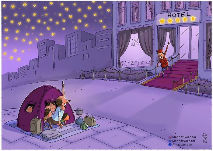 A satirical illustration contrasting a family in a tent outside a luxury hotel, showing modern society's inequality.