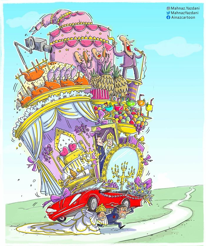 Satirical illustration of a wedding couple pushed in a red car, overloaded with excessive wedding items and food.