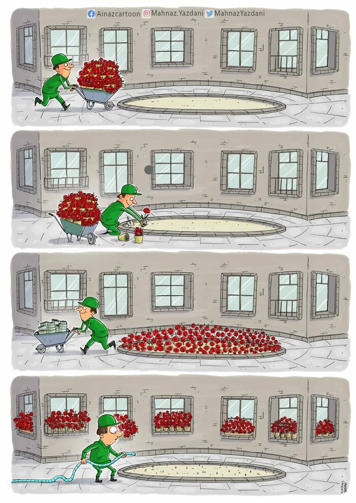 Satirical illustration showing a gardener planting flowers, then replacing them with money, and finally watering the empty space.