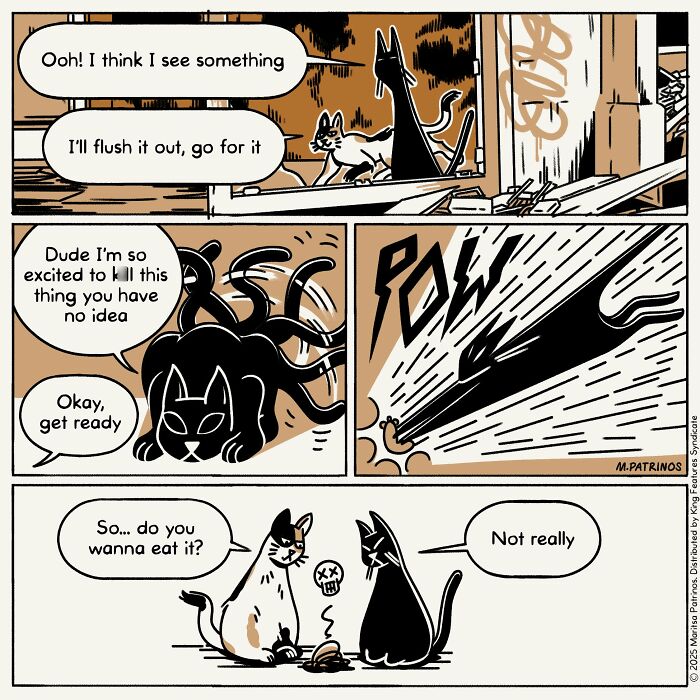 Cartoonist imagines cats with jobs: Two cats hunting a mouse, one cat is excited and the other is hesitant to eat it.