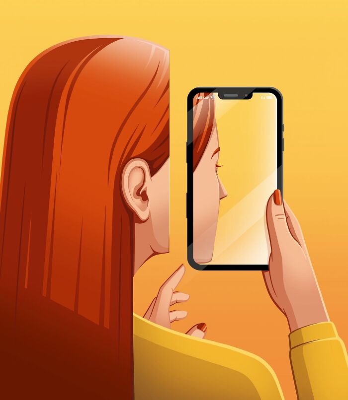 Woman looking at her face reflected on a smartphone screen illustration