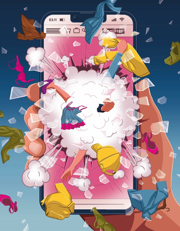 Smartphone exploding with clothes and shopping items flying out illustration