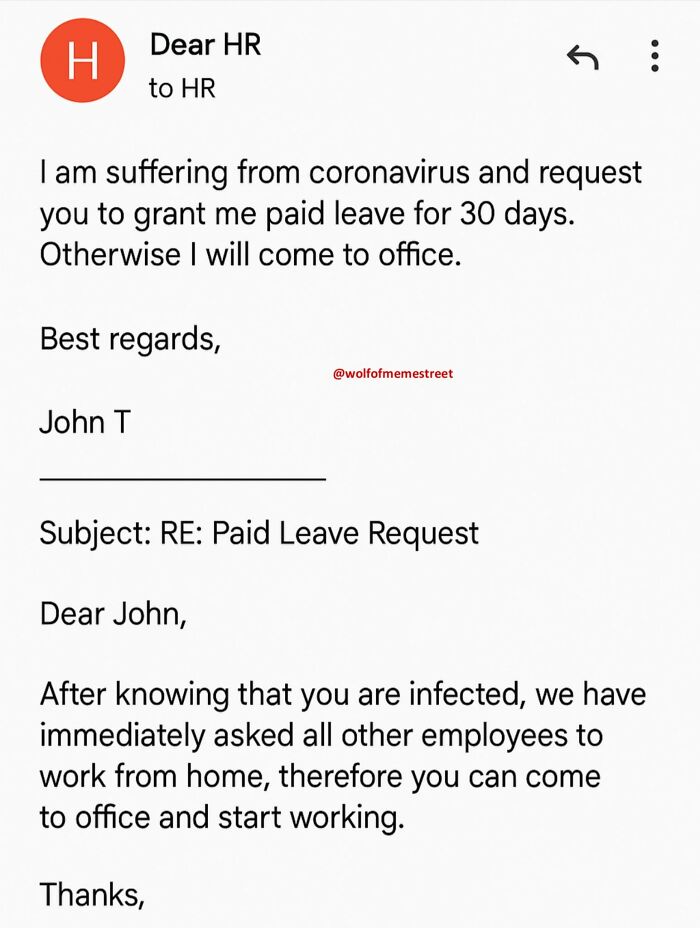 Hilarious post from Xavier: A funny email exchange about a paid leave request for coronavirus.