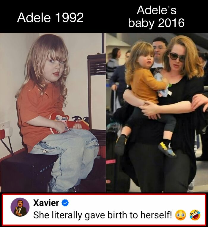 Xavier shares a hilarious post comparing a young Adele in 1992 to her baby in 2016, noting the resemblance.