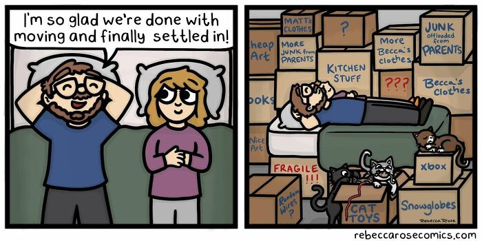 Rebecca Rose comics portraying a couple claiming to be settled after moving, surrounded by numerous unpacked boxes.