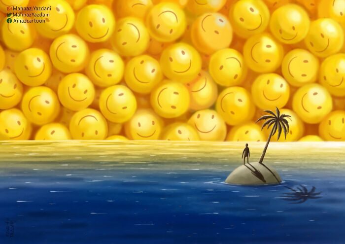 Satirical illustration of a person on a small island, surrounded by a sea of water and a horizon of yellow smiley faces.