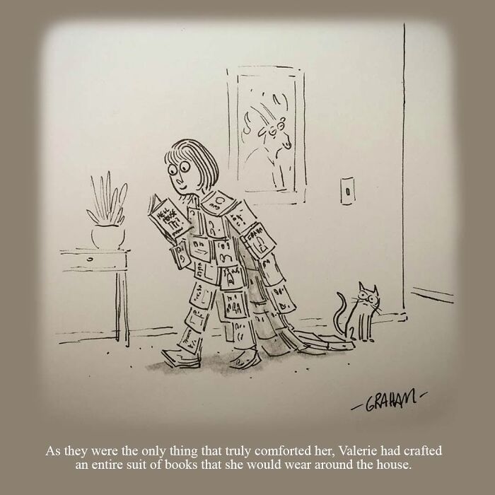 A cat comic shows a woman wearing a suit made of books with a curious cat looking at her, highlighting weird cat comics.