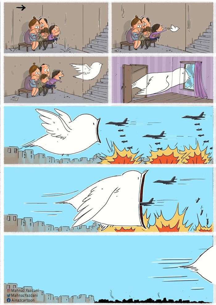 Satirical illustration showing a dove flying out a window, encountering warplanes and bombs, and getting shot through the chest.