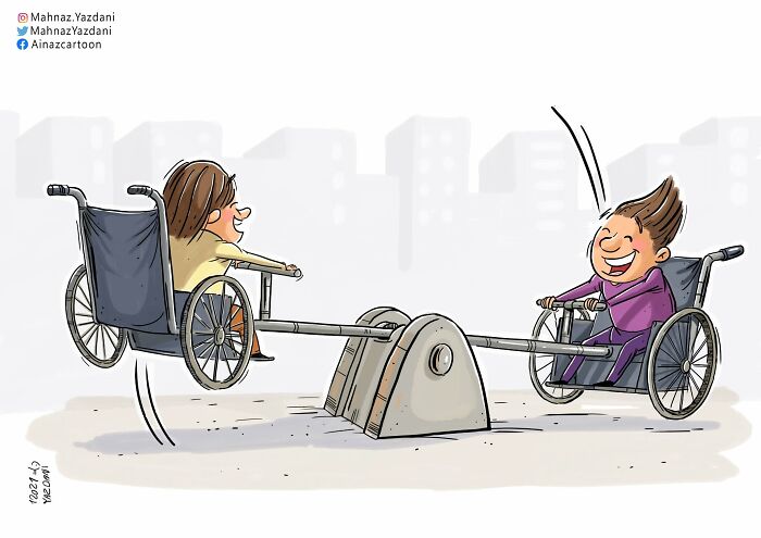 Satirical illustration of two people in wheelchairs happily playing on a seesaw in a park, showing modern society.