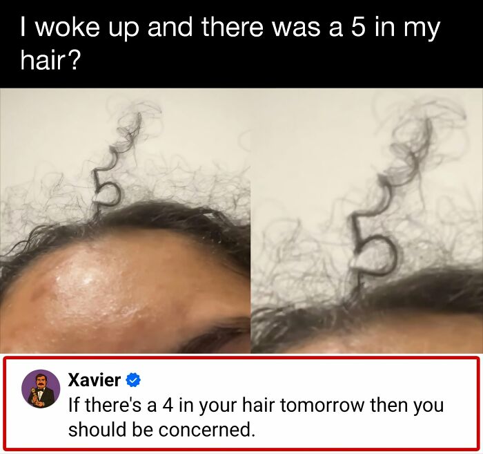 A hilarious post from 'Xavier' about hair forming a '5', with Xavier's comment on a '4' appearing next.
