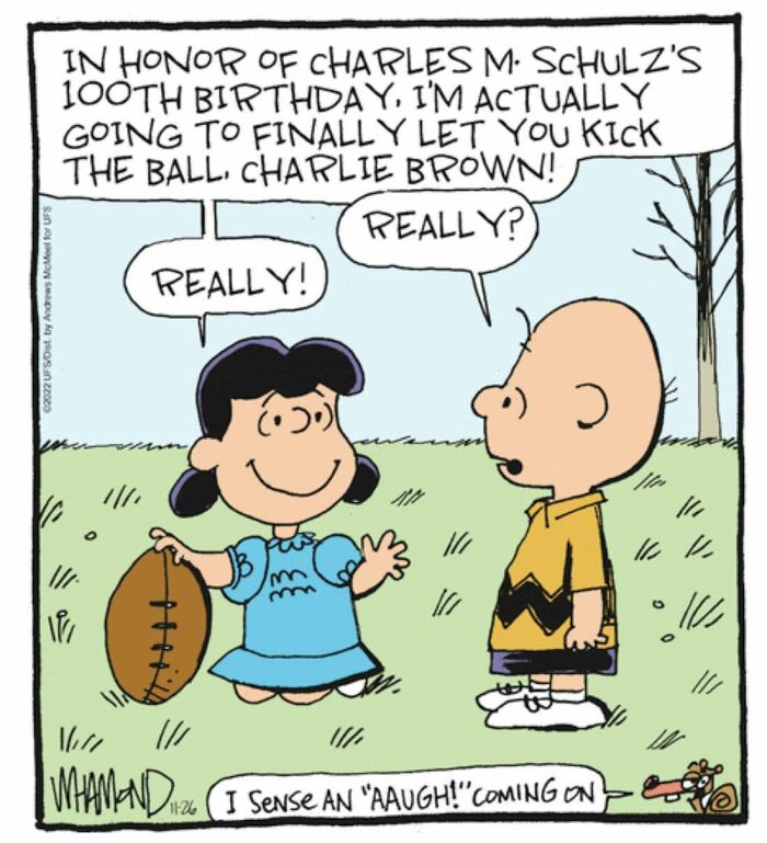 Dave Whamond comic showing Pop Culture Icons Lucy and Charlie Brown for Charles M. Schulz's 100th birthday.