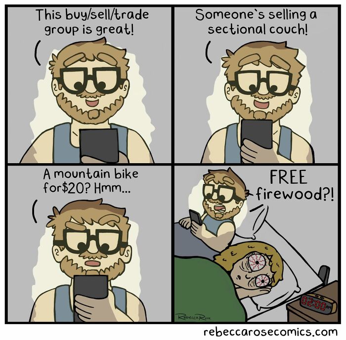 Rebecca Rose comics depicting a man scrolling through a buy/sell/trade group late at night, keeping his partner awake.
