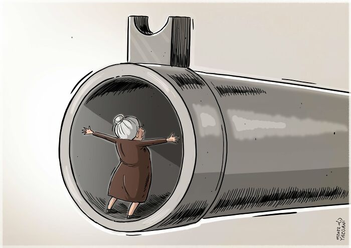 A satirical illustration depicting an elderly woman standing inside a large gun barrel, highlighting issues in modern society.