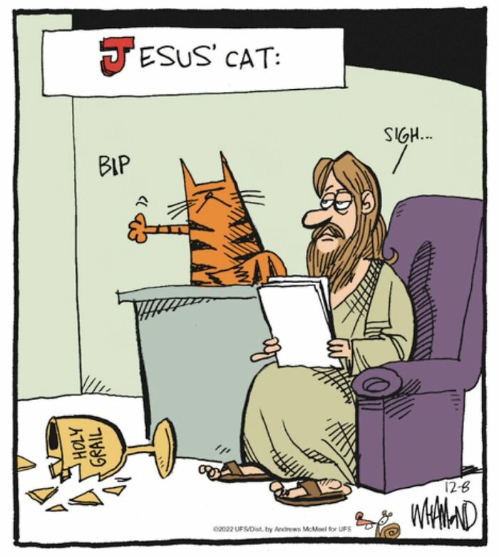 Dave Whamond comic portraying Jesus with his cat, a Pop Culture Icon, having knocked over the Holy Grail.