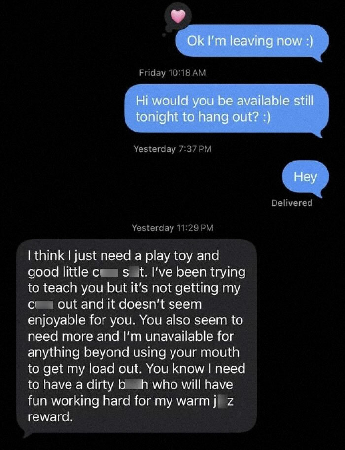 A lengthy, inappropriate text message from a guy, demonstrating a funny example of someone thinking highly of themselves.